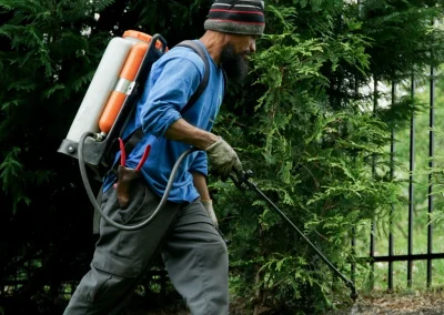 AE Landscaping worker spraying for pests in a garden