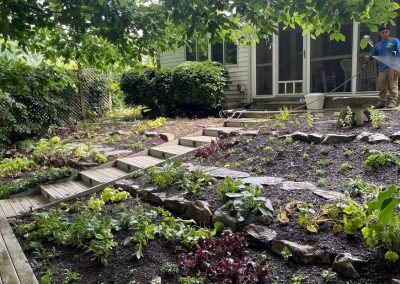 Rows of rocks installed in the backyard of a house
