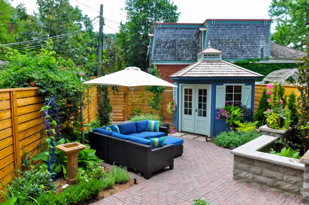 Beautiful backyard patio with shed