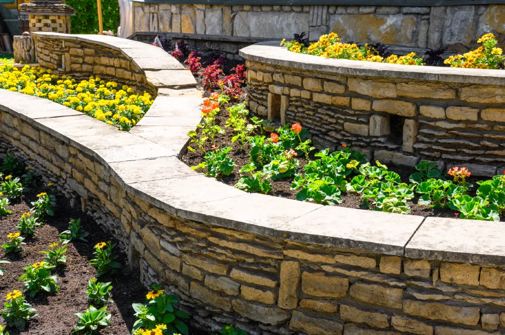 Retaining walls with bright flowers planted